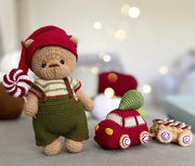 Christmas bear doll in crochet clothes Elf with Gingerbread train