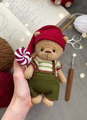 Christmas bear doll in crochet clothes Elf with Gingerbread train