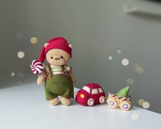 Christmas bear doll in crochet clothes Elf with Gingerbread train