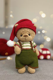 Christmas bear doll in crochet clothes Elf with Gingerbread train