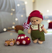 Christmas bear doll in crochet clothes Elf with Gingerbread train