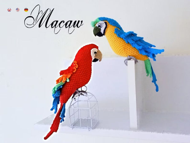 Red and blue macaw Crochet bird  Amigurumi toy