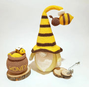 cute crochet Gnome Bee, Doll in a bee costume, honey pot.