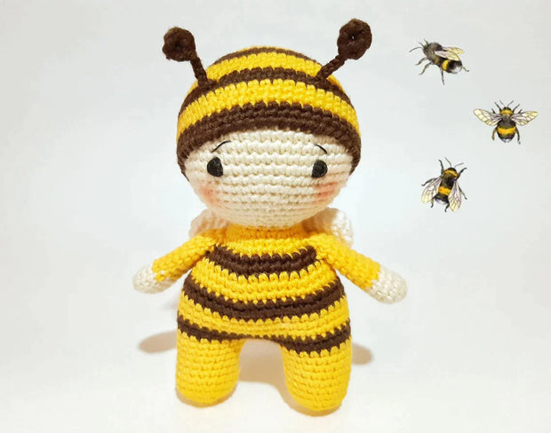 cute crochet Gnome Bee, Doll in a bee costume, honey pot.