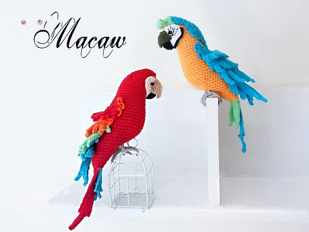 Red and blue macaw Crochet bird  Amigurumi toy